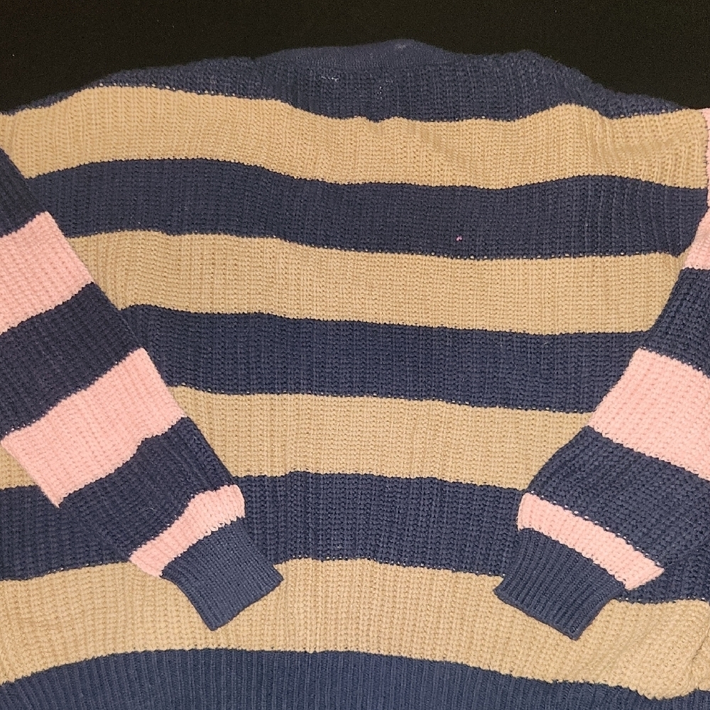 Navy and Tan Striped Classic Buttonup Small Casual Cardigan Sweater - Picture 5 of 7